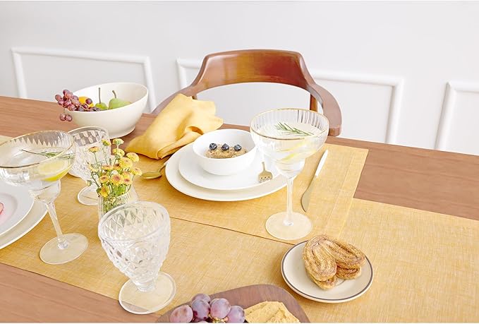 Solino Home Linen Table Runner 120 Inches Long - Athena, 100% Pure Linen Chambray Mustard Yellow Table Runner 14 x 120 Inch for Dining