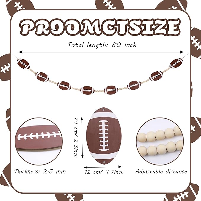 Wood Football Garland Banner Decorations,Football Wood Bead Banner Party Decor,for Wall Fireplace Mantle Home Office Spring Favors Sports Theme Birthday Tailgate Party Game Day Supplies