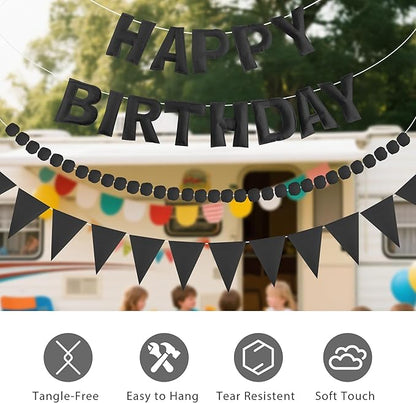 CANREVEL Pre-Strung 3D Happy Birthday Banner, 3 PCS Black Happy Felt Garland, Pom Pom Garland, Triangle Fabric Bunting, Reusable Black Birthday Decorations