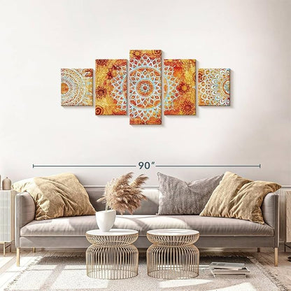 ElephantStock - Sun Like Mandala Symbols Wall Art - Horizontal Multi Panel Canvas - 5 Piece Living Room Wall Decor - Digital Art Elements Multi Piece Wall Art - Orange And Blue Decor - 68" x 30"