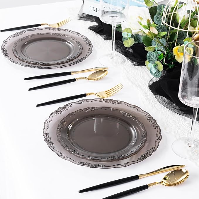 U-QE 100PCS Clear Black Plastic Plates - Heavy Duty Black Disposable Plates Including 50PCS 10'' Dinner & 50PCS 7.5'' Dessert Plates -Hard Plastic Platos for Halloween & Party & Wedding
