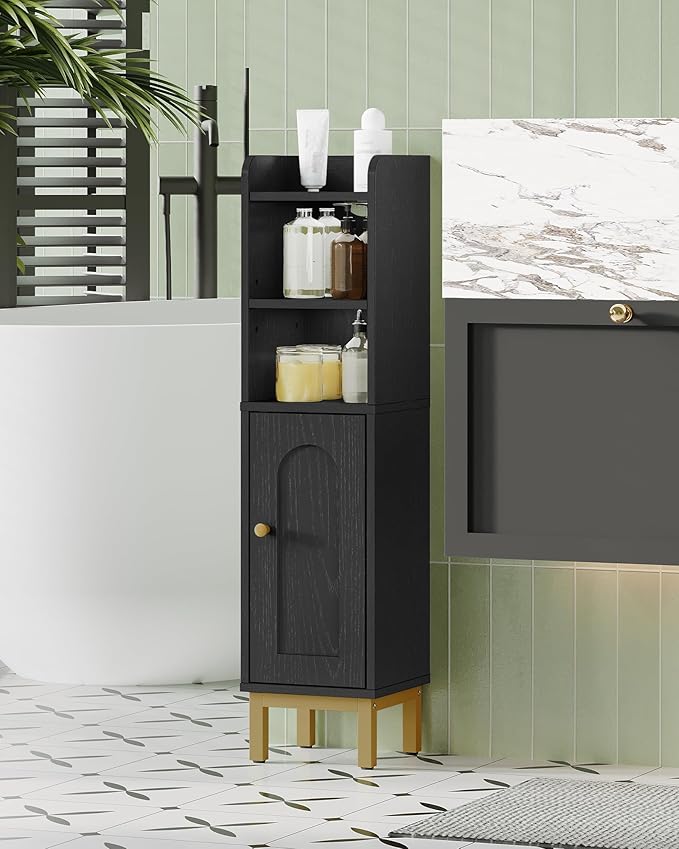 Bathroom Storage Cabinet, Small Corner Floor Cabinet with Door and Shelves, Narrow Toilet Paper Holder, Bathroom Organizer with Adjustable Shelf, for Small Spaces, Black BC08206X