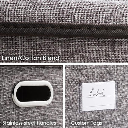 PRANDOM Storage Bins with Lids [3-Pack] Linen Fabric Foldable Storage Boxes Organizer Containers Baskets Cube with Cover for Home Bedroom Closet Office Nursery Grey（11.4X8.6X6.7
