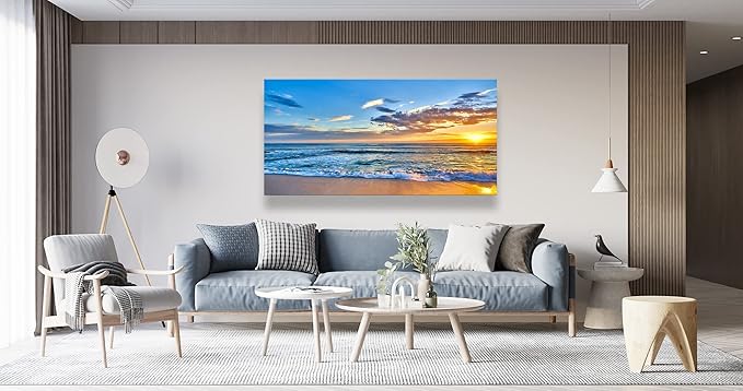 Aibonnly Wall Art Canvas Painting Seaside Sunset over the beaches 1 Piece blue sea view Ocean Picture Poster Print Framed and Stretched Ready to Hang for Living Room Bedroom Kitchen Office