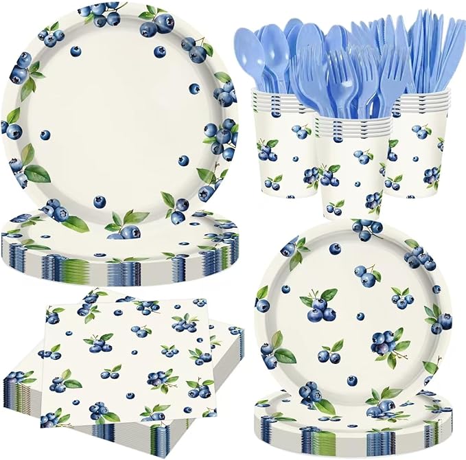 140CPS Blueberry Paper Party Supplies, Disposable Paper Blueberries Fruit Dessert Tableware Set,For Blue Berry Fruits Summer Spring Birthday Tea Party Bridal & Baby Shower Tableware