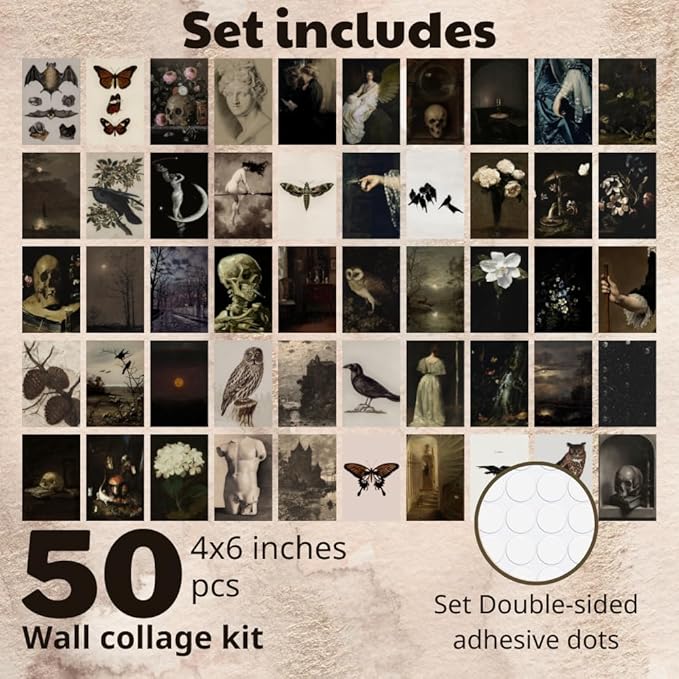 TRAMIN Moody Dark Academia Decor, Vintage Dark Academia Wall Art Prints, 50Pcs Victorian Gothic Decor for Home, Witchy Goth Wall Collage Kit (4x6)