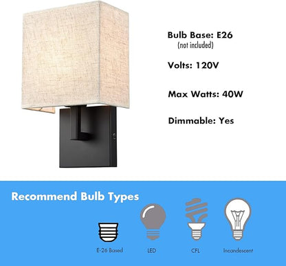 YUBOLE Industrial Wall Sconces Black Bedroom Wall Lamp with Khaki Slub Fabric Shade Dimmable Set of 2