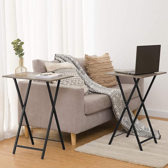 HOOBRO Folding TV Tray Tables, Set of 2 Side Table for Small Space, Industrial Snack Tables for Eating at Couch, Stable Metal Frame, Easy Assembly, Space Saving, Greige and Black BG25BZ01