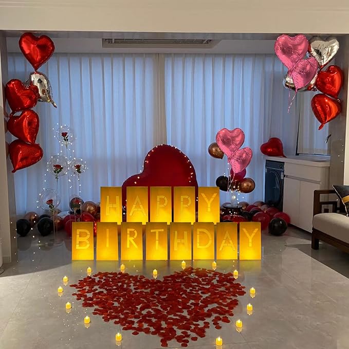 Happy Birthday Lighted Letters Sign 13pcs Luminary Paper Bags 48pcs Flameless LED Candle Tealight 2000pcs Red Pink Rose Petals 15pcs Heart Balloons Romantic Night Valentine's Day Decorations