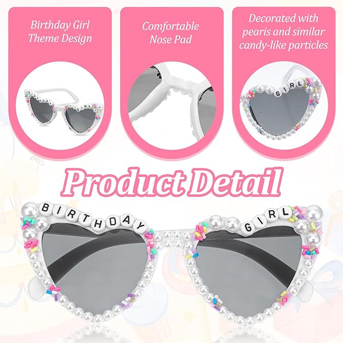 Birthday Glasses for Women, Birthday Girl Heart-Shaped Sunglasses with Pearl, White Stylish Happy Birthdays Sunglasses for Birthdays Party Accessories, Women & Girls Outfit Gift