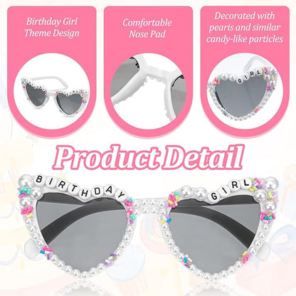 Birthday Glasses for Women, Birthday Girl Heart-Shaped Sunglasses with Pearl, White Stylish Happy Birthdays Sunglasses for Birthdays Party Accessories, Women & Girls Outfit Gift