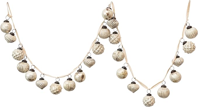 Creative Co-Op Embossed Mercury Glass Ball Ornament Garland, Distressed Matte Cream