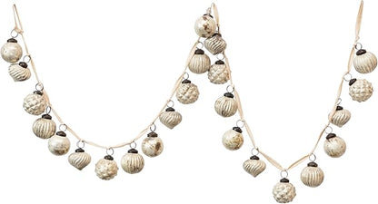 Creative Co-Op Embossed Mercury Glass Ball Ornament Garland, Distressed Matte Cream