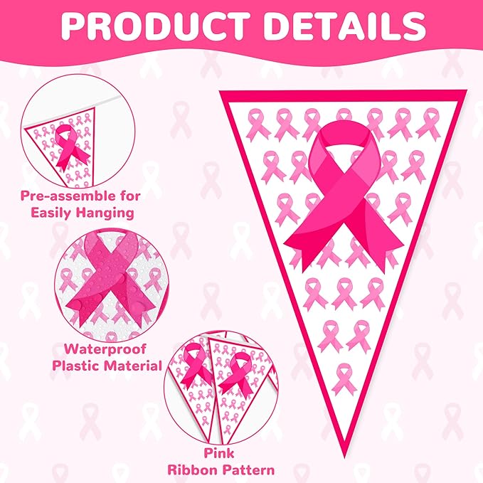100 FT Breast Cancer Awareness Decorations, 3 Pack Pre-assemble Pink Ribbon Pennant Banner Flags, 60 PCS Plastic Pennants Flags Indoor Outdoor Party Supplies Home Office Ceiling Wall Hanging Decor