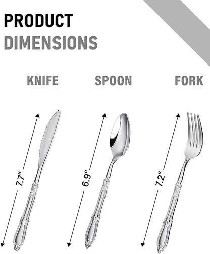 Nervure 150PCS Silver Plastic Silverware - Heavy Duty Disposable Cutlery Set, Luxury Silver Plastic Utensils include 50Pcs Forks, 50Pcs Spoons, 50pcs Knives Perfect for Wedding, Party, Daily Use