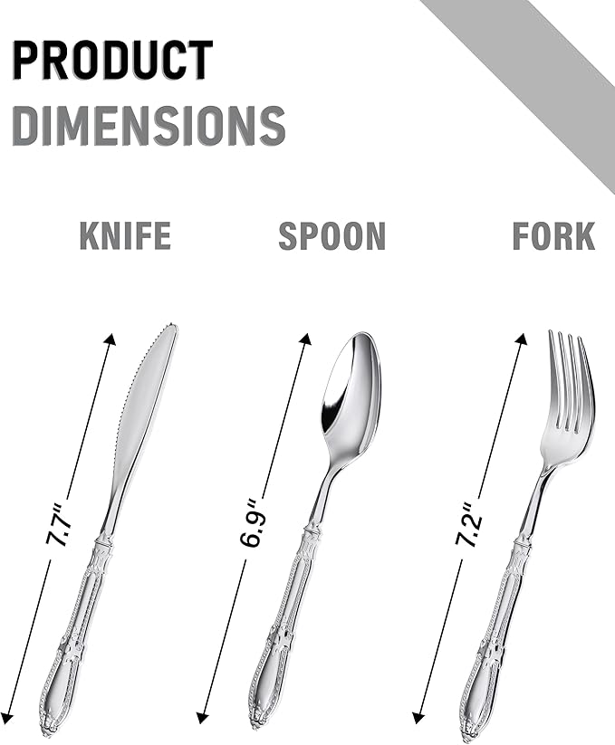 Nervure 90PCS Silver Plastic Silverware - Heavy Duty Disposable Cutlery Set, Luxury Silver Plastic Utensils include 30Pcs Forks, 30Pcs Spoons, 30pcs Knives. Perfect for Wedding, Party, Daily Use