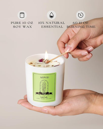 AOOVOO Sage Scented Candles for Women - Aromatherapy Candle with Crystals Inside, 10oz Soy Candles for Home Scented, Birthday Gifts Christmas Candle for Women Mom