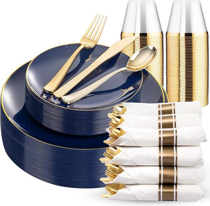 KIRE 175Pcs Blue Plastic Plates - Navy Blue Plates Disposable - 25 for Dinner 25 for Dessert 25 Pre Rolled Napkins with Gold Plastic Silverware and 25 Cups for Hanukkah/Birthday Party/Wedding