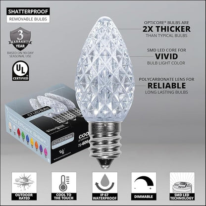 Wintergreen Lighting 25 C7 Opticore Cool White Heavy Duty Christmas Lights – Outdoor Commercial Bulbs with 18 Gauge Green Wire (25 ft)