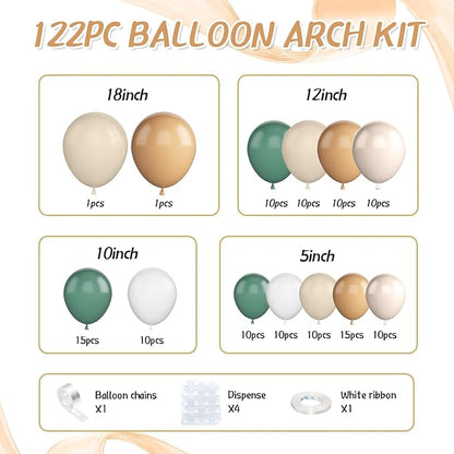 Sage Green Balloon Arch Kit,122Pcs Green Sand White Nude Apricot Matte Neutral Balloons for Baby Shower Boho Wedding Bridal Engagement Gender Reveal Anniversary Graduation Birthday Party Decorations