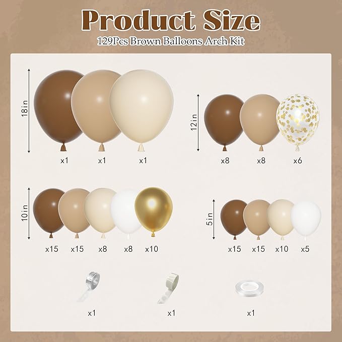Ouddy Party Brown Balloons Arch Garland Kit, Different Sizes 18 12 10 5 Inch Brown Nude Gold Boho Neutral White Latex Metallic Confetti Balloon for Bear Baby Shower Safari Birthday Party Decorations