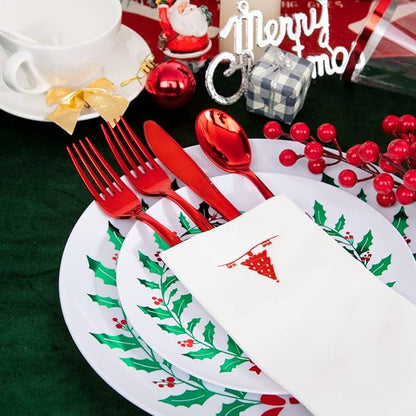 Liacere 175PCS Christmas Plastic Plates - White & Green; Includes 50 Wreath Plates, 25 Red Cutlery, 25 Cups, 25 Tree Napkins