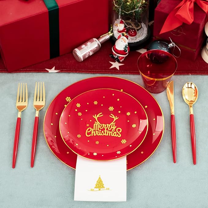 Nervure 175PCS Christmas Plastic Plates - Red and Gold Disposable Plates & Gold Plastic Silverware with Red Handle include 50 Plates 25Knives 25Forks 25Spoons 25Napkins for Christmas Party