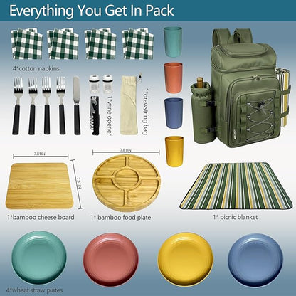 Hap Tim Picnic Basket Backpack for 4 Person with Blanket, Insulated Leakproof Cooler Compartment, Wine Holder, Cutlery Set, Engagement Gifts for Couples, White Elephant Gift Ideas, Green (36221-GR)