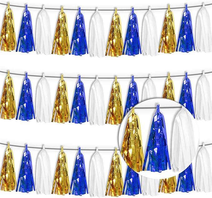 3 Pack Navy-Blue White and Gold Tassel Banner Garland Metallic Foil Fringe Banner Tinsel Tassels Streamer Banner Backdrop for Parade Floats, 2025 Graduation, Retirement Party Decoratio