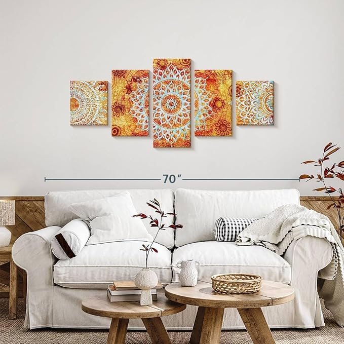 ElephantStock - Sun Like Mandala Symbols Wall Art - Horizontal Multi Panel Canvas - 5 Piece Living Room Wall Decor - Digital Art Elements Multi Piece Wall Art - Orange And Blue Decor - 55" x 24"