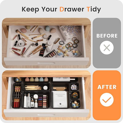 【𝟮𝟴𝗣𝗖𝗦】 【𝟱𝗦𝗶𝘇𝗲】 Black Drawer Organizer, Makeup organizer, 【Holds 177 Items】 Bathroom Organizers and Storage, Plastic Desk Organizer Divider, Organizer Bins for Office Vanity A-LUGEI