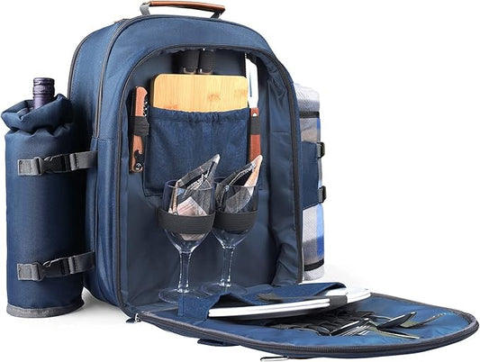 Sunflora Picnic Backpack for 2 Person Set Pack with Insulated Waterproof Pouch for Couple Outdoor Camping (Navy)