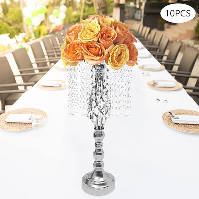 Wedding Centerpieces Gold Vases,10PCS Metal Flower Candle Holder with Sparkling Crystal Beads,Crystal Flower Vase Metal Flowers Stand for Party Tables Decorations (Sliver-10PCS-14CM)