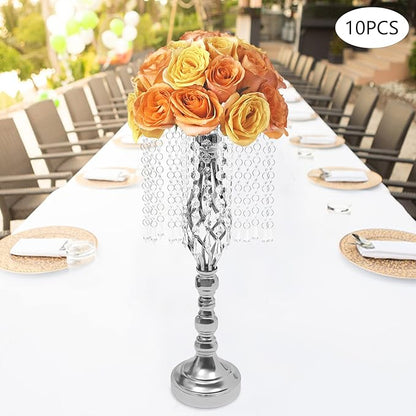 Wedding Centerpieces Gold Vases,10PCS Metal Flower Candle Holder with Sparkling Crystal Beads,Crystal Flower Vase Metal Flowers Stand for Party Tables Decorations (Sliver-10PCS-14CM)