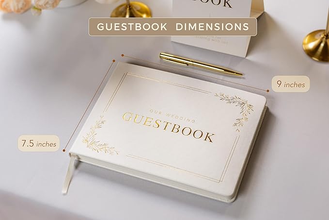 Floral Embossed Wedding Guest Book Set - 9 x 7.5 Hardcover Guestbook for Wedding Reception Sign in, Messages, Bridal Shower Engagement Party (White Cream)