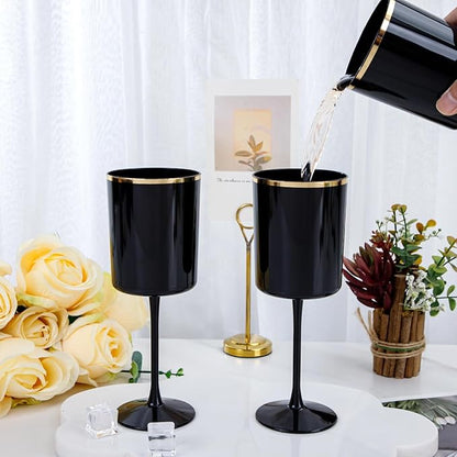 Ciaell 12 Pack 10 OZ Black Plastic Wine Glasses with Stem - Black and Gold Disposable Wine Glasses Perfect for Parties & Weddings & Toasting & Outdoors & Camping & New Year