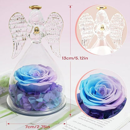 Miofula Preserved Flower Rose Birthday Gifts for Mom, Glass Angels Figurines with Forever Real Rose Gifts for Women Mom Grandma, Angels Gifts for Valentines Day Christmas Anniversary
