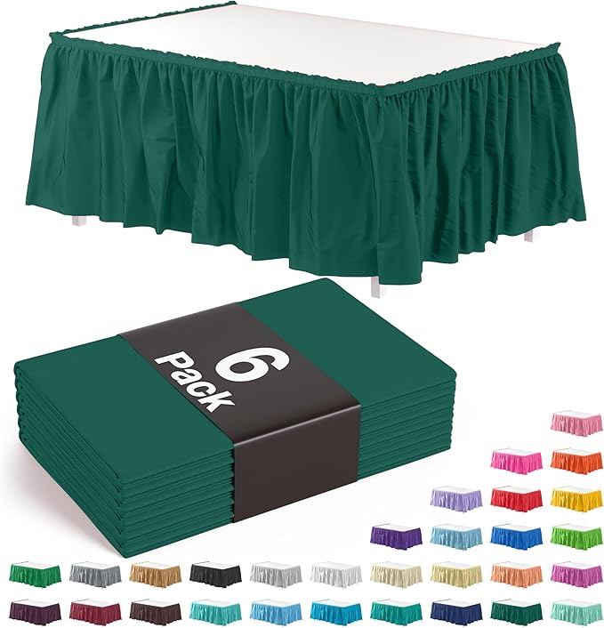 Exquisite Ruffle Table Skirt Dark Green 6 Pack 14 Ft Long Table Skirts for Rectangle Tables 6ft Plus or Round Tables Skirts with Adhesive Strip for Gender Reveal Decor & Happy Birthday Parties