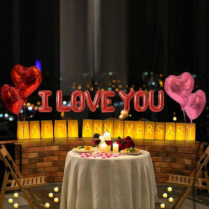 Happy Anniversary Lighted Letters Sign 16pcs Luminary Paper Bags 2000pcs Red Pink Rose Petals 48pcs Flameless LED Candle Tealight 10pcs Heart Balloons Romantic Night Valentine's Day Decorations