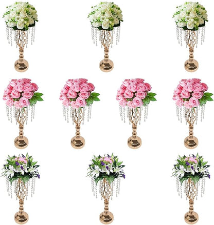Wedding Centerpieces Gold Vases,10PCS Metal Flower Candle Holder with Sparkling Crystal Beads,Crystal Flower Vase Metal Flowers Stand for Party Tables Decorations (10PCS-Gold-14cm)