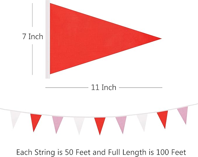 100 Ft White Red Pink Pennant Banner Flag, 60 Pcs String Hanging DIY Bunting Flags for Party, School, Birthday, Wedding, Carnival, Celebrations, Outdoor and Indoor Decorations (White Red Pink)
