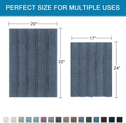 H.VERSAILTEX Bathroom Rug Sets 2 Piece Bath Mats Non Slip Thick Soft Chenille Striped Bath Rug achine Washable Shower Floor Rugs for Tub, Shower and Floor (Blue Indigo, 20" x 32"/17" x 24")