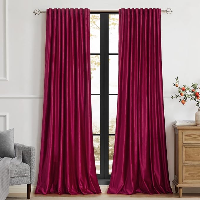 PRIMROSE Red Curtains 108 inch for Living Room Velvet Drapes Blackout Rod Pocket Back Tab Window Treatment Semi Room Darkening Decor Curtains for Bedroom Set of 2 Panels