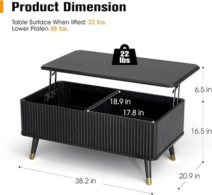 Lift Top Coffee Table with Storage, Modern Black Fluted Design, Pop-Up Center Table with Hidden Compartment for Living Room & Home Office Work/Dining