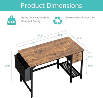 Lufeiya Computer Desk with Drawers - 40 Inch Work Reversible Small Desk for Bedroom Home Office, Simple Study Writing Table PC Desks with Drawer Storage Shelves, Rustic Brown