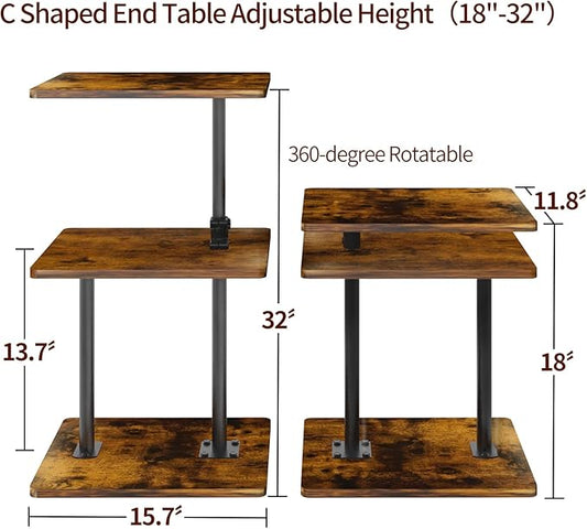 Swivel Side Table for Couch, 3 Tier Small End Table Adjustable Height with Rotatable Tray, Space Saving Nightstand with Storage Shelf for Living Room, Bedroom, Small Spaces