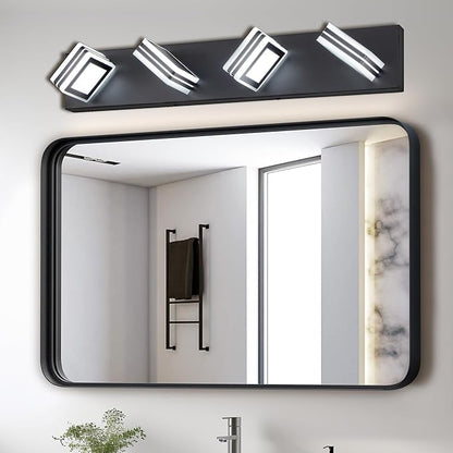 4 Light Bathroom Square Shape Vanity Light Over Mirror Modern 25.6in Led Vanity Light Fixture Lights for Bath Dimmable Matt Black