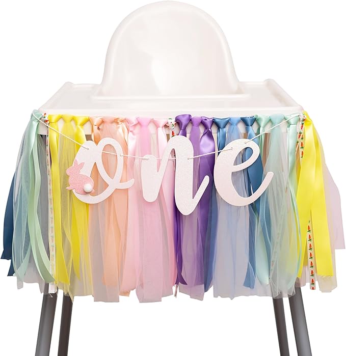 Bunny One Highchair Banner - Rabbit First Birthday Decor, Easter 1st Birthday High Chair Banner for Party, Anniversary, Cake Smash, Photo Prop