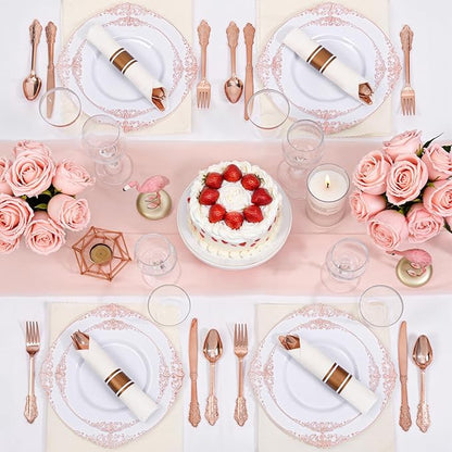 Nervure 700PCS Rose Gold Plastic Plates - Rose Gold Plastic Dinnerware Sets for 100 Guests - 200 White Disposable Plates, 300 Silverware, 100 Cups, 100 Napkins for Wedding & Party