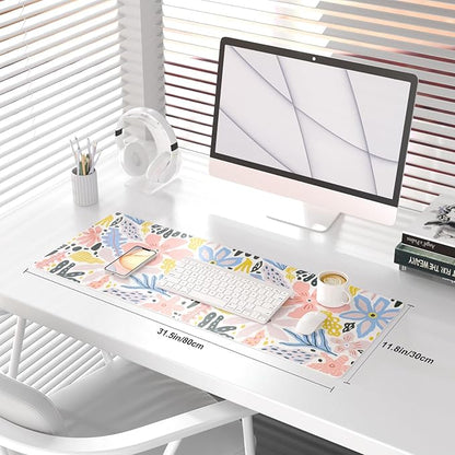 QIYI Floral Large Mouse Pad, Cute Desk Mat for Desktop, Women Girls Desk Accessories Office Décor, PU Leather Waterproof Big Gaming Mousepad, Doodle Flowers Desk Pad Computer Mat, 31.5" x 11.8"